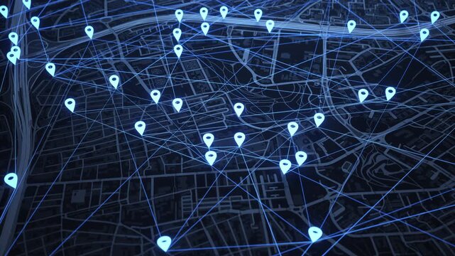 Devices interconnected by nodes on a flat map. 3D animation.