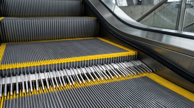 Closeup medium shot of a clean escalator step showing bright yellow safety demarcation lines and pristine comb plates emphasizing meticulous maintenance and passenger safety.