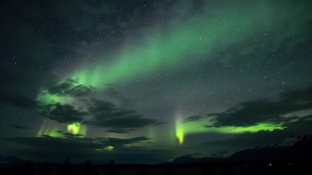 Stunning aurora borealis dancing across the night sky with green and purple hues