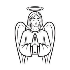 Obraz premium Praying angel vector illustration with halo and wings. Representing faith, spirituality, and divine protection, ideal for religious themes and peaceful designs
