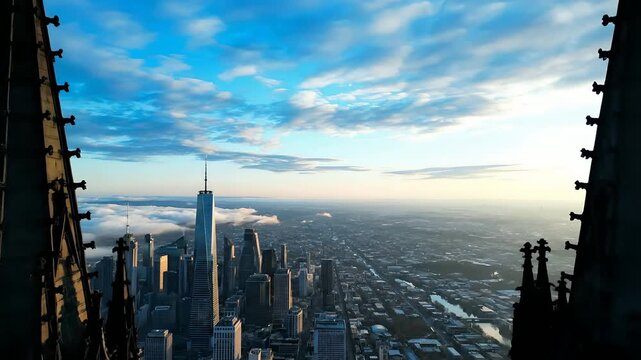New York City skyline and One World Trade Center framed by Gothic cathedral spires at sunrise; cinematic drone flight for Memorial Day tributes, urban travel