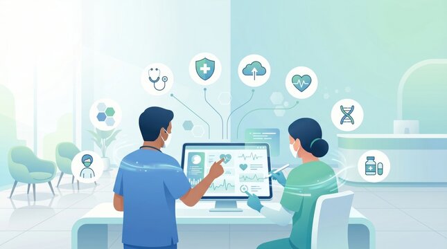 Future healthcare technology telemedicine consultation medical professionals analyzing digital health data interface cloud computing for patient records AI diagnostics screen