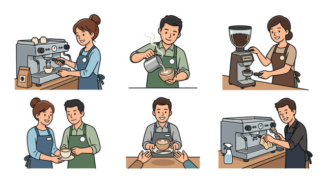 Baristas demonstrate the complete coffee making process, from grinding beans to serving delicious beverages and cleaning equipment.