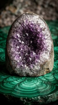 Amethyst geode on malachite stone
