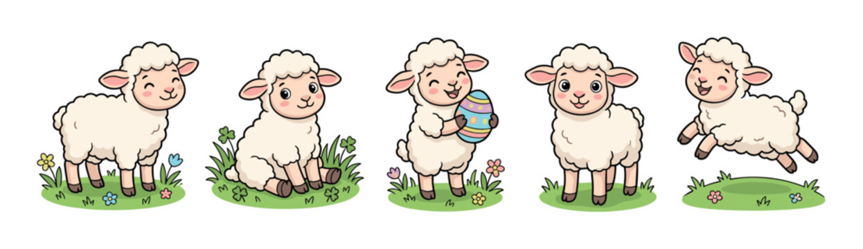 Adorable fluffy lambs in various playful poses, including one holding a decorated Easter egg, surrounded by green grass and small flowers.