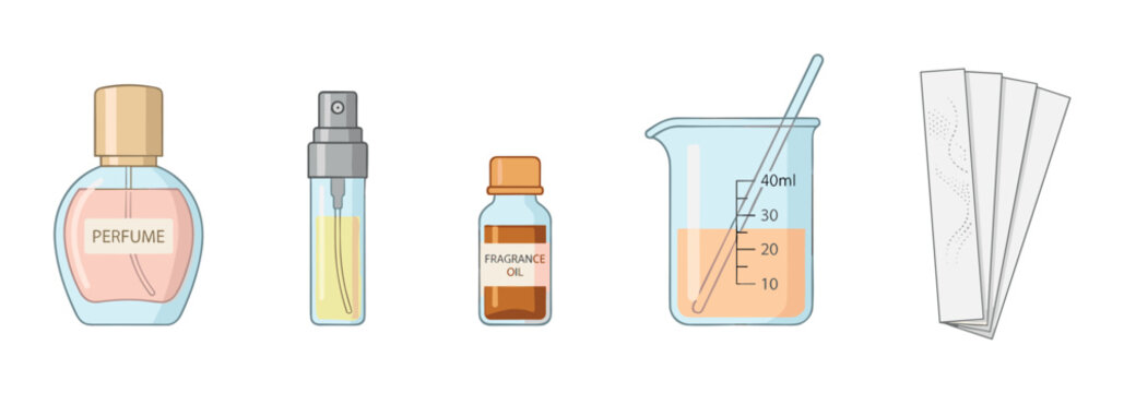 Perfume making ingredients and tools are displayed in an illustrative style, showcasing the process of creating custom fragrances and scents.