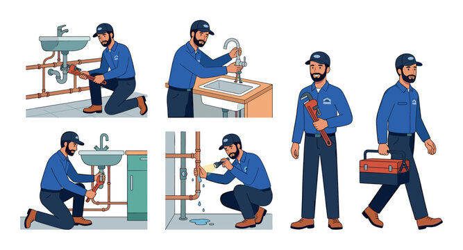 Professional plumber performs various tasks related to water systems, including fixing leaks, installing faucets, and carrying tools for maintenance and repair services.