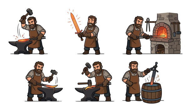 Skilled blacksmith forges a magnificent sword through a series of traditional metalworking steps, from heating and hammering to quenching, showcasing ancient craftsmanship.