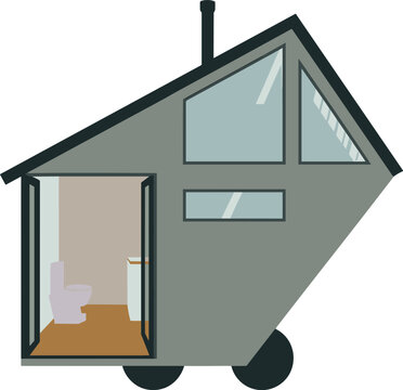 Modern mobile tiny house trailer with bathroom interior, minimalist sustainable living cabin, portable compact home vector illustration design