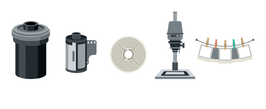 Analog photography supplies and darkroom processing tools are displayed, representing the traditional methods of developing film and printing photographs.