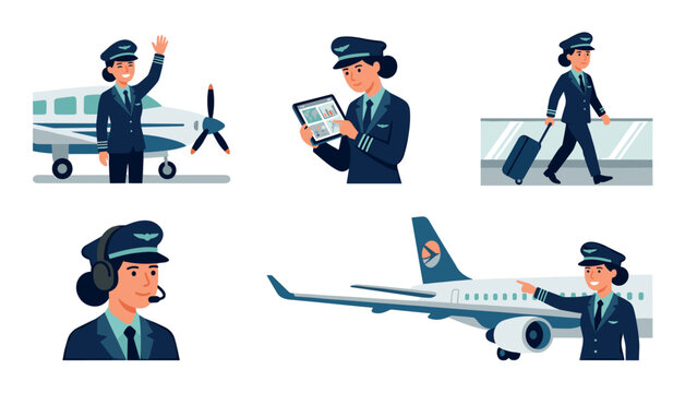 Female pilot character illustrations depict various aviation scenarios, showcasing professional duties like pre-flight checks, travel, and communication, representing women in STEM careers.