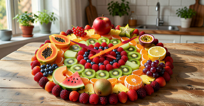 Clock made of fresh sliced fruit and berry on wooden table in home kitchen. Concept of healthy living, diet, nutrition routine and time management for seasonal organic meal planning.