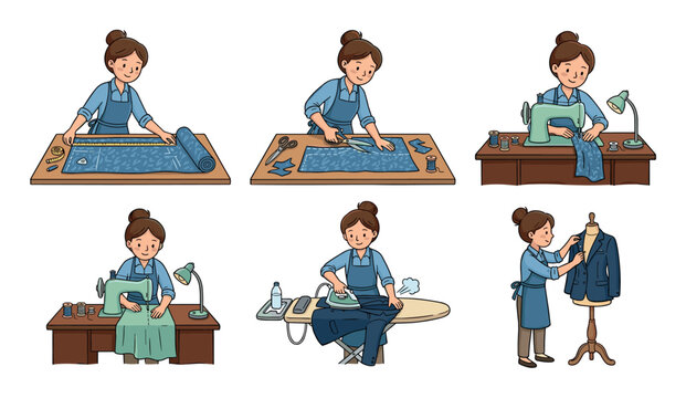 Woman tailor creating custom clothing through various stages of the dressmaking process, from measuring and cutting fabric to sewing, ironing, and final adjustments.
