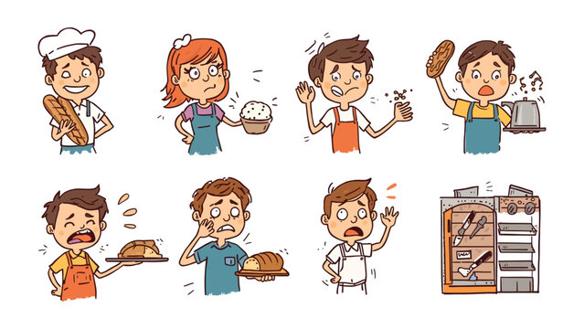 Bakery Blunders: A cartoon collection showcasing various mishaps and comedic moments in a bustling bakery, from burnt loaves to flour-dusted disasters.