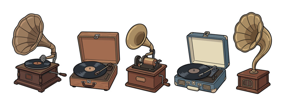 Vintage gramophones and phonographs collection showcasing various antique record players and sound reproduction devices from different eras.