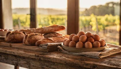 Obraz premium Focused medium shot of artisanal bread and farm eggs displayed on a weathered wood serving station inside a sunlit vineyard creating an elegant rustic catering vibe.