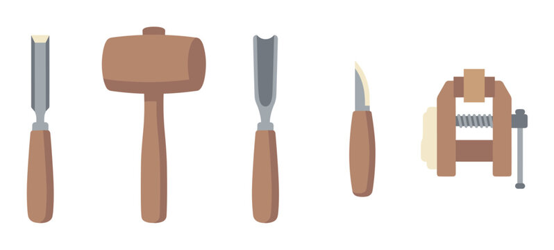 Woodworking tools set including chisels, mallet, knife, and vise, representing traditional craftsmanship and essential equipment for carpentry and carving projects.