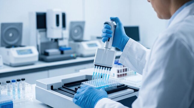 Scientific research concept professional medical lab work expert scientist operating multichannel pipette machine transferring liquid samples into microplates for biotechnology
