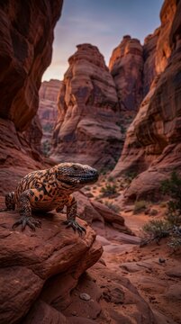 Gila monster lizard on rock in desert canyon at sunset