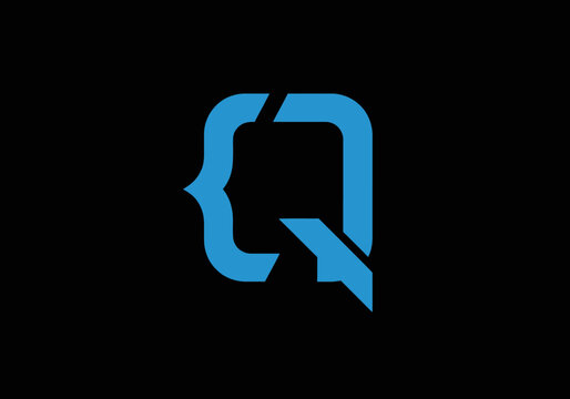 Blue letter Q and curly bracket logo design