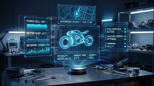 Future motorcycle repair workshop with holographic augmented reality diagnostics 3D wireframe technical analysis interface displaying engine power cell status and gyro stabilizer