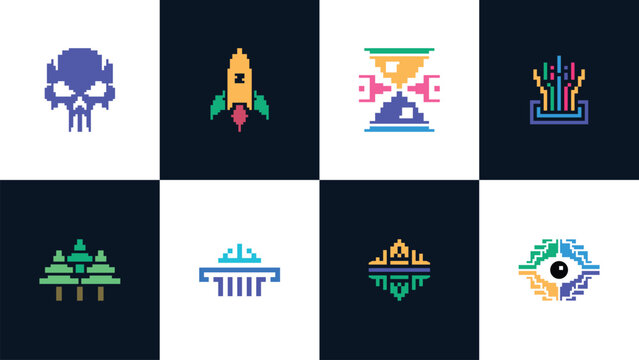 Retro Gaming Pixel Art Logo Vector Illustration Template, 8-bit Character and Space Adventure Icon Set