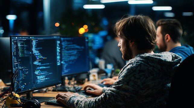 Two men are working on software development and programming in a modern office.