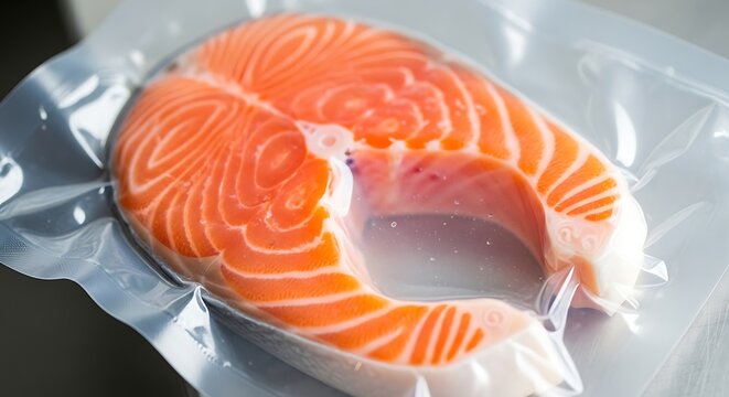 Raw Salmon Fillet in Vacuum Sealed Plastic Bag