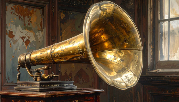 Vintage brass gramophone on wooden table against ornate background