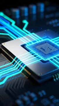 Close up of a digital processor with glowing circuits and data flow
