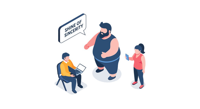 Isometric illustration of three people with a speech bubble about sincerity.