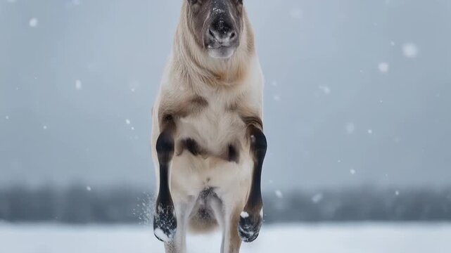雪の中で真正面を見つめる一頭のトナカイを静かに捉えた冬のポートレート