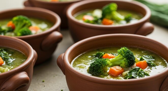 Broccoli soup in clay bowls.