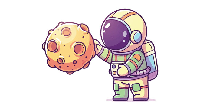 Cute Astronaut Holding a Cartoon Asteroid in Space.