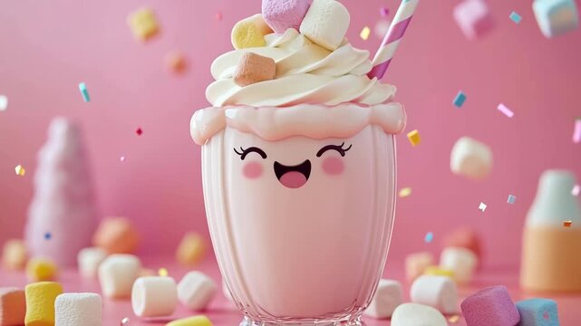 Cute animated milkshake character with smiling face surrounded by colorful candies and marshmallows on pink background creating playful sweet dessert concept with vibrant colors and fun design style