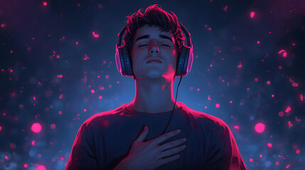Naklejka premium Young man with headphones on, eyes closed, hand on chest, immersed in music or meditation with glowing particles.