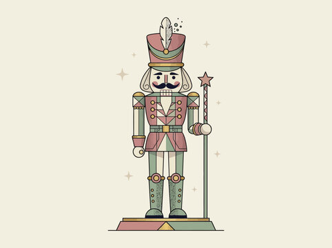 Vintage Stylized Nutcracker Soldier Illustration, Geometric Holiday Art, Elegant Christmas Toy Character with Star Staff in Retro Pastel Colors for Winter Greeting Cards