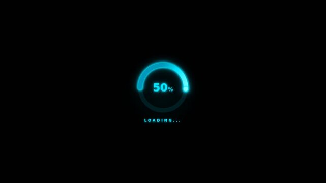 Circular loading indicator with glowing blue neon ring, showing 50% progress on a black background, representing data processing and system status