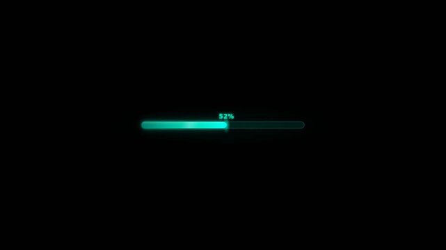 Vibrant teal-green digital progress bar indicating fifty-two percent completion on a stark black background, symbolizing system loading, data transfer, or software installation status