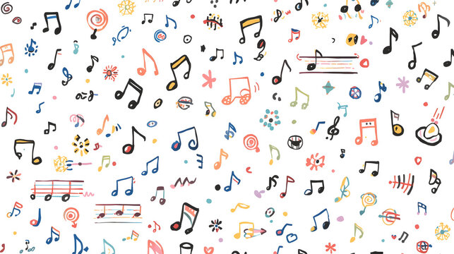 A vibrant and whimsical collection of hand-drawn musical notes and symbols scattered across a white background, creating a playful and artistic composition.