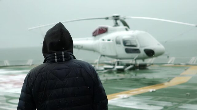 Person in hooded jacket watches helicopter on wet helipad in light snowfall