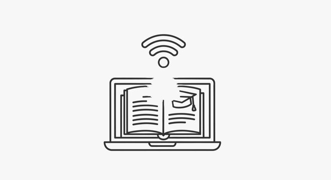 E-learning and online education icon. Digital learning, remote study, internet course symbol with laptop, book, Wi-Fi.