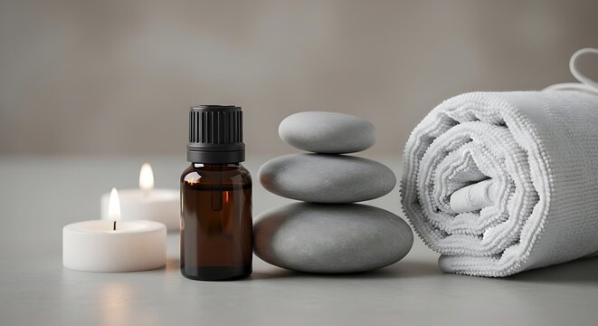 Cistus essential oil bottle placed next to zen stones with lit candles and a soft white towel for a relaxing spa atmosphere and aromatherapy wellness concept