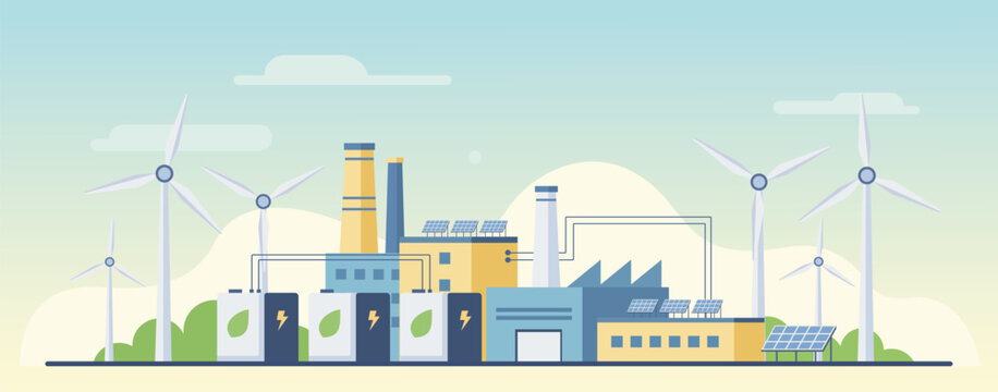Clean energy industry with solar panels wind turbines and battery storage units reducing emissions and supporting green power grid and eco technology