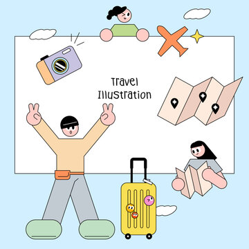 여름 휴가 여행 아이콘 세트 - 캐릭터, 캐리어, 지도, 카메라가 포함된 귀여운 일러스트 Travel illustration set with cute characters, luggage, map, and camera for summer vacation design