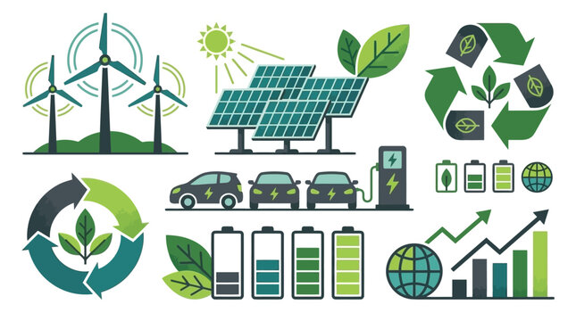Renewable energy and sustainable technology icons featuring wind turbines, solar panels, electric cars, and battery charging symbols on a white background