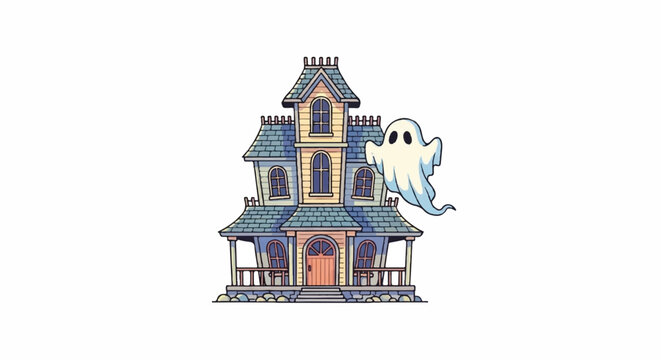 Spooky Haunted House with Friendly Ghost Illustration.