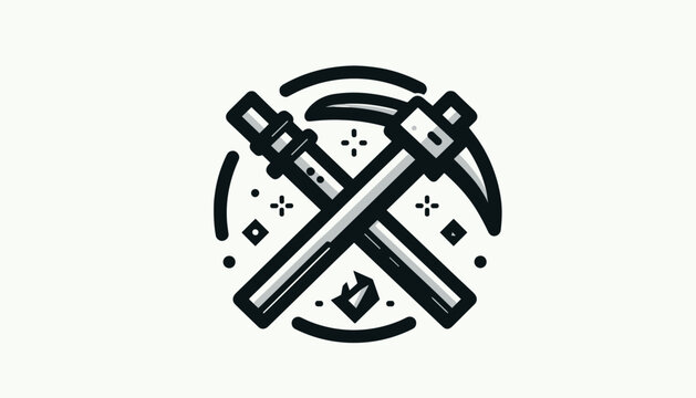Crossed mining tools pickaxe and shovel icon symbol.