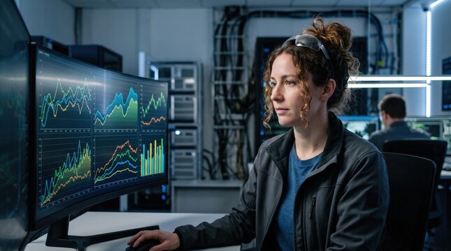 Engineer monitoring AIbased software displaying vibration trend graphs to forecast equipment maintenance needs and prevent unexpected failures.