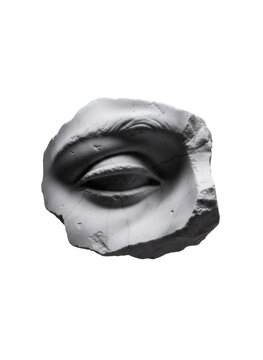Plaster eye sculpture fragment on white background. Classical marble statue detail from art school. Antique human eye casting for academic drawing study. Minimalist sculpture concept.